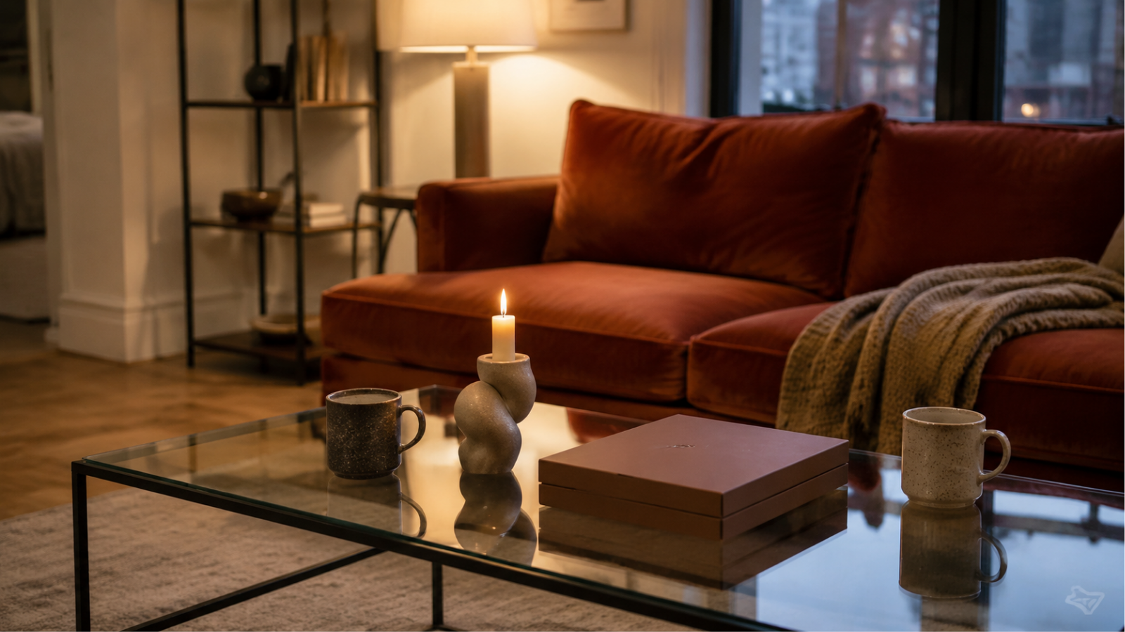 Modern living room set up for a small gathering with mugs, a candle, and a board game on the coffee table