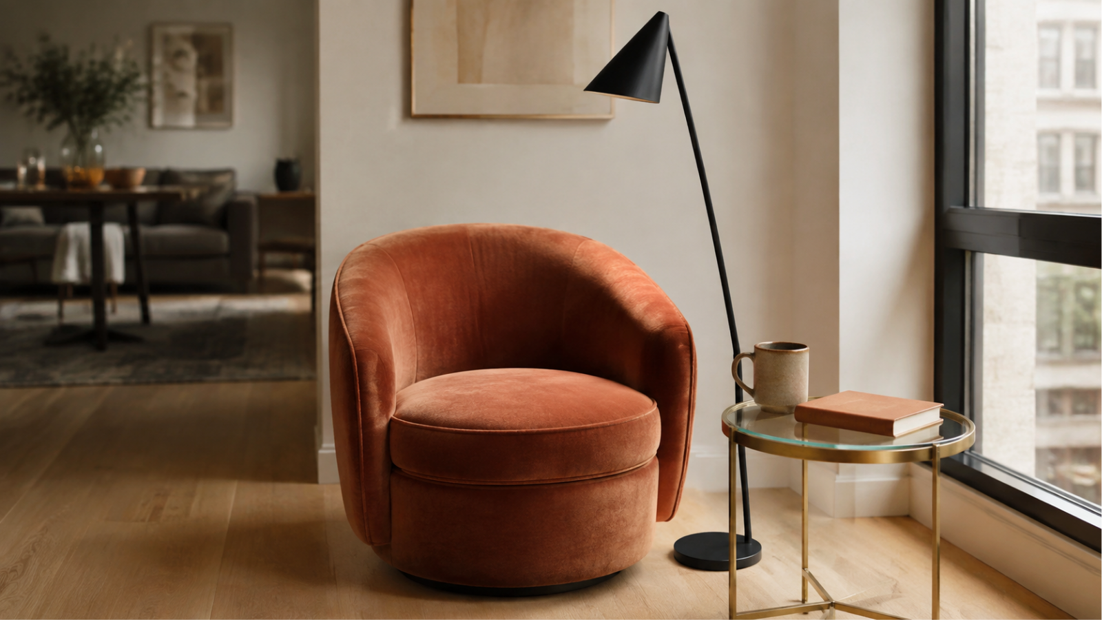Modern reading nook with an accent chair, floor lamp, and side table holding a mug and a book