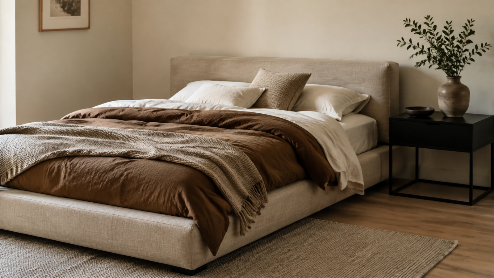 Modern bed layered with breathable linen sheets, a heavier duvet, and a knit throw