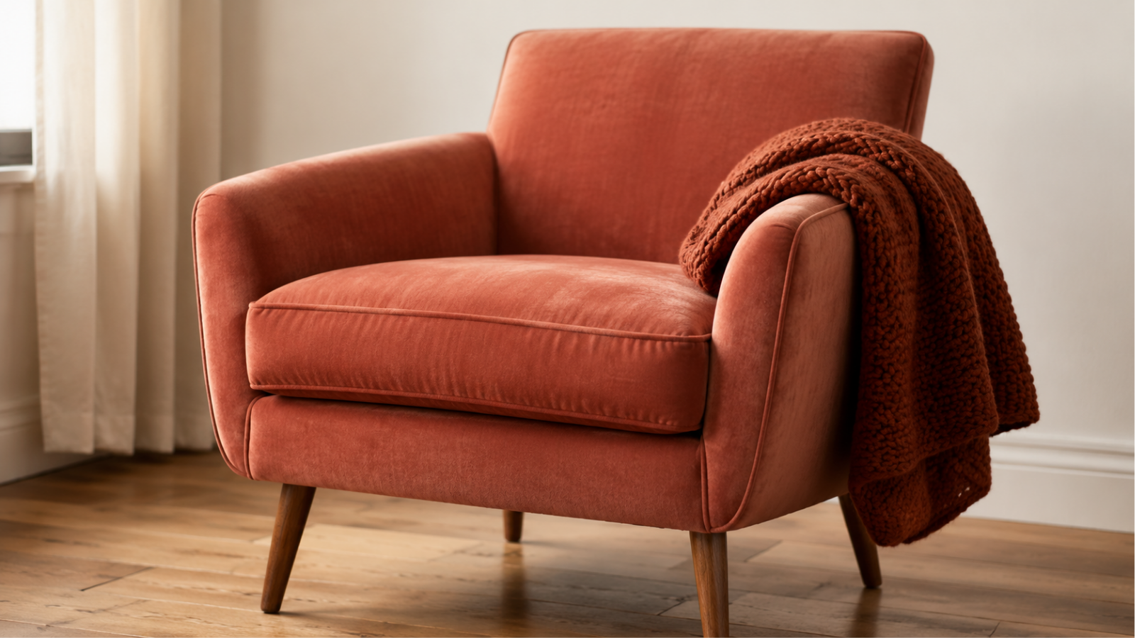Modern velvet accent chair layered with a chunky knit throw for texture