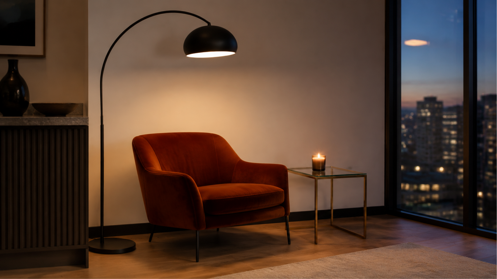 Modern living room corner at dusk with a floor lamp and candle providing warm layered lighting